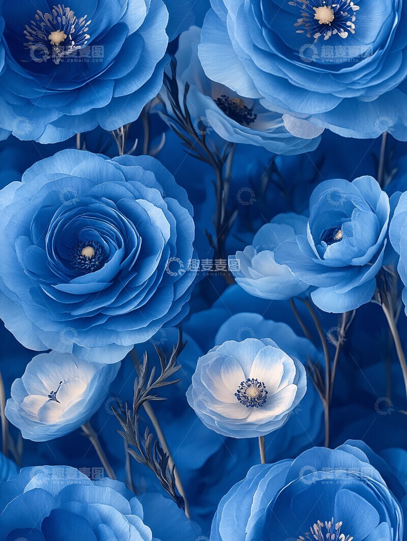 高清大图下载【趣麦麦图】蓝色毛茛花图案1