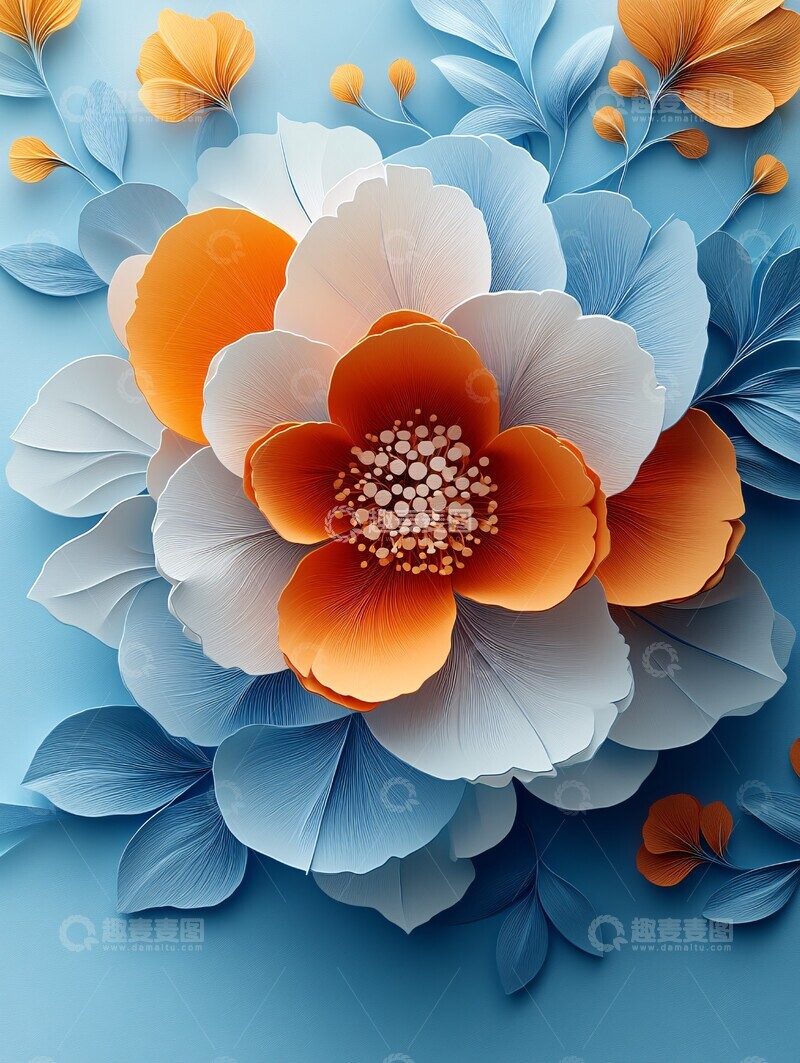 高清大图下载【趣麦麦图】蓝底三维花朵图案2