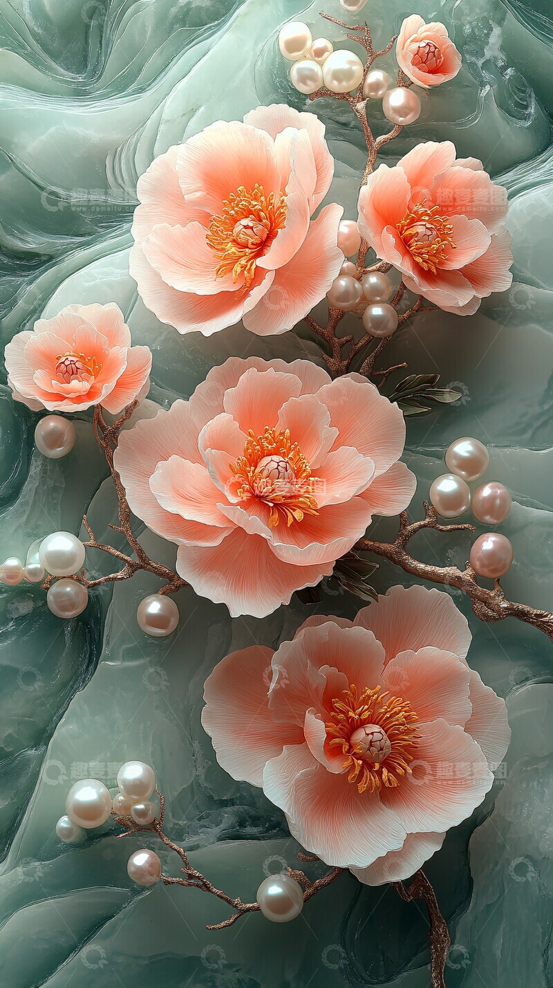 高清大图下载【趣麦麦图】牡丹水波玉雕画