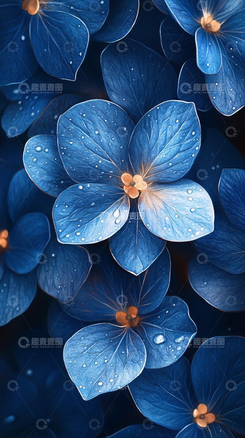 高清大图下载【趣麦麦图】蓝色花朵水滴图案1