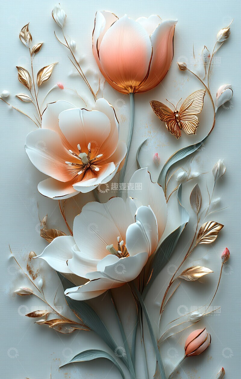 高清大图下载【趣麦麦图】白粉郁金香蝴蝶装饰