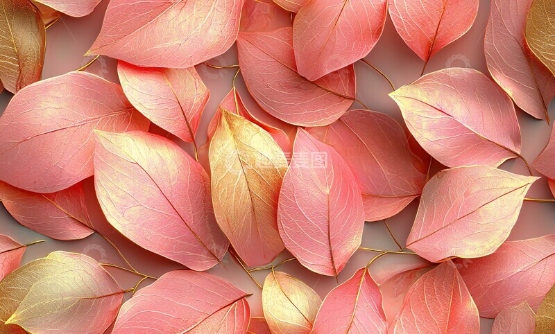 高清大图下载【趣麦麦图】粉色金色叶子壁画3