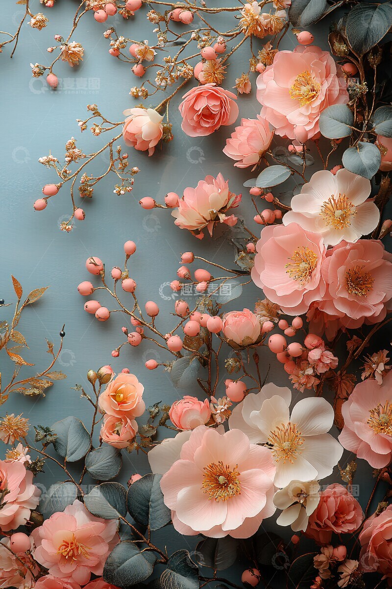 高清大图下载【趣麦麦图】粉色金色花艺婚礼卡