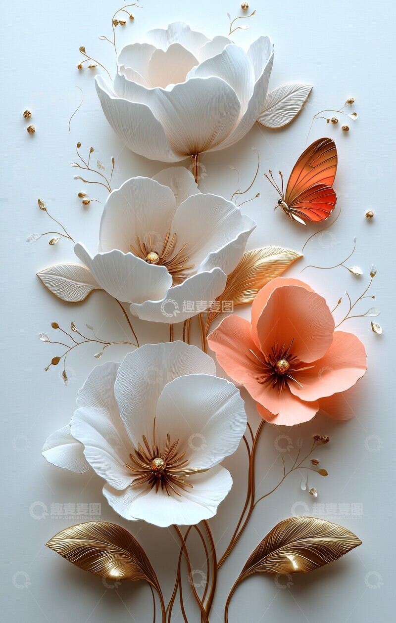 高清大图下载【趣麦麦图】白粉郁金香蝴蝶装饰3
