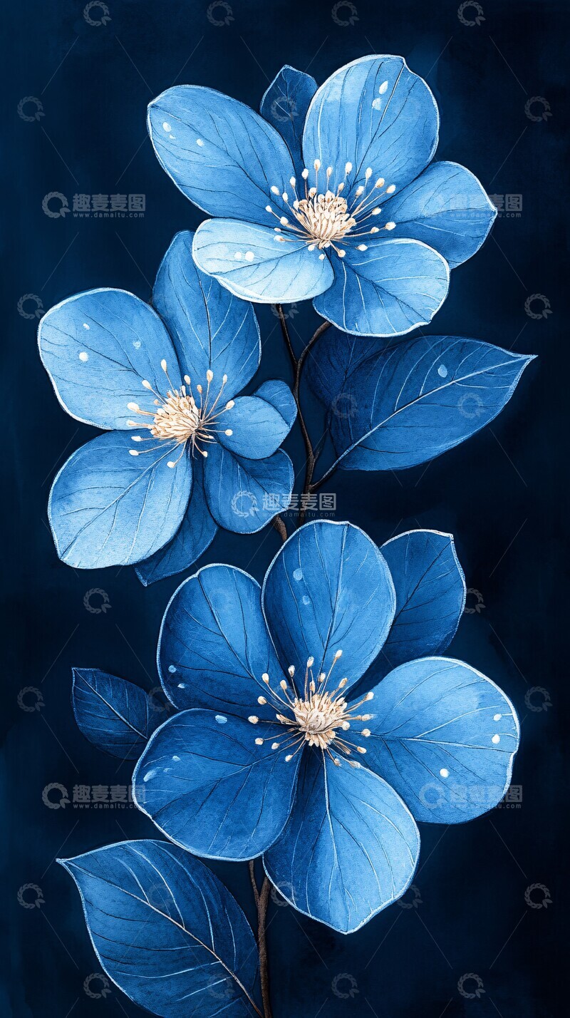 高清大图下载【趣麦麦图】蓝色花朵水滴图案3
