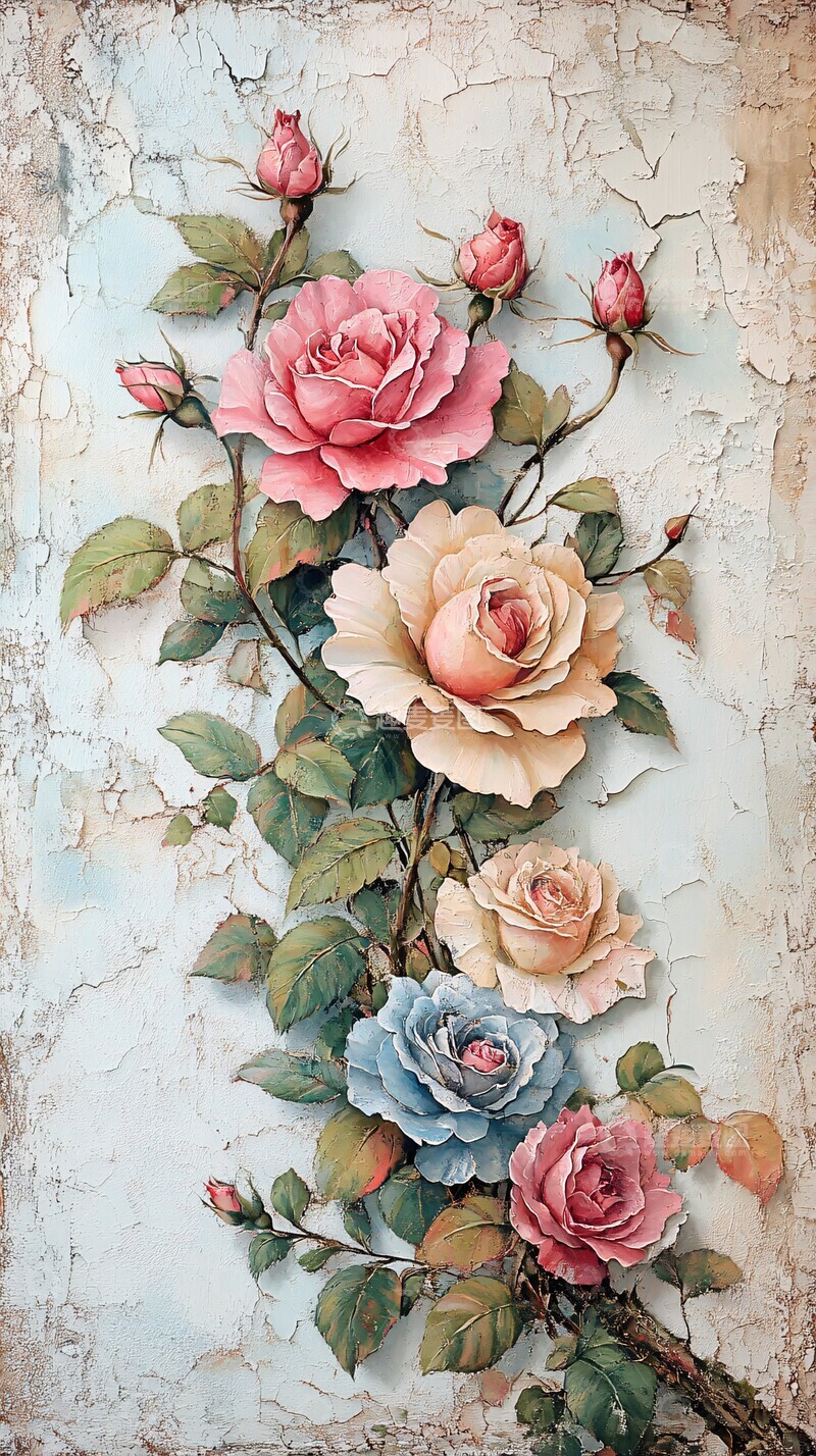 高清大图下载【趣麦麦图】蓝粉奶油玫瑰花卉画2