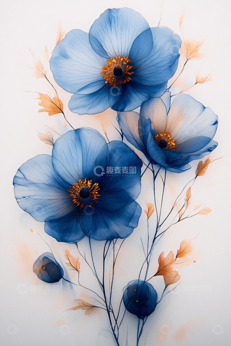 高清大图下载【趣麦麦图】蓝色金色透明花1