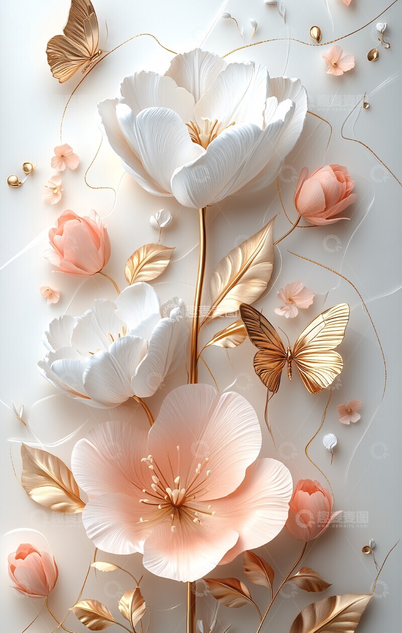 高清大图下载【趣麦麦图】白粉郁金香蝴蝶装饰1