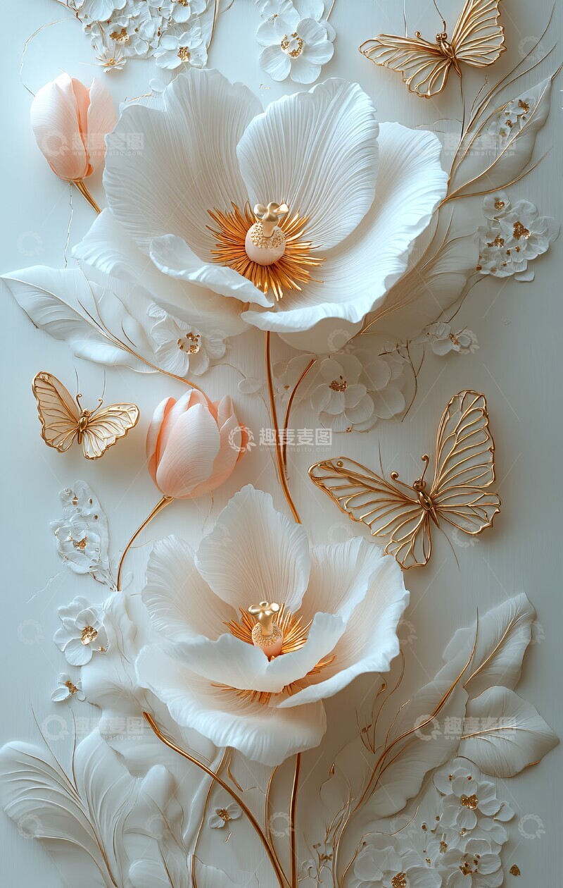 高清大图下载【趣麦麦图】白粉郁金香蝴蝶装饰2