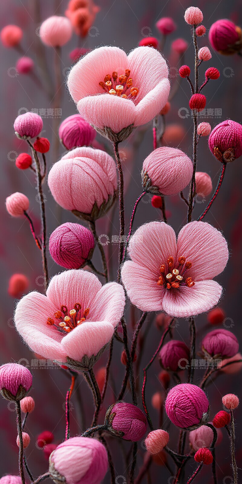 高清大图下载【趣麦麦图】粉色花朵刺绣图案1