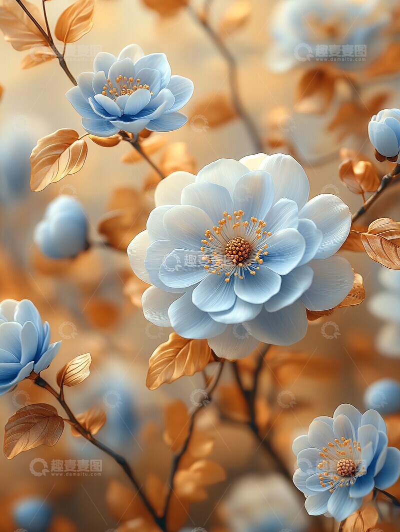 高清大图下载【趣麦麦图】青花瓷花与秋叶