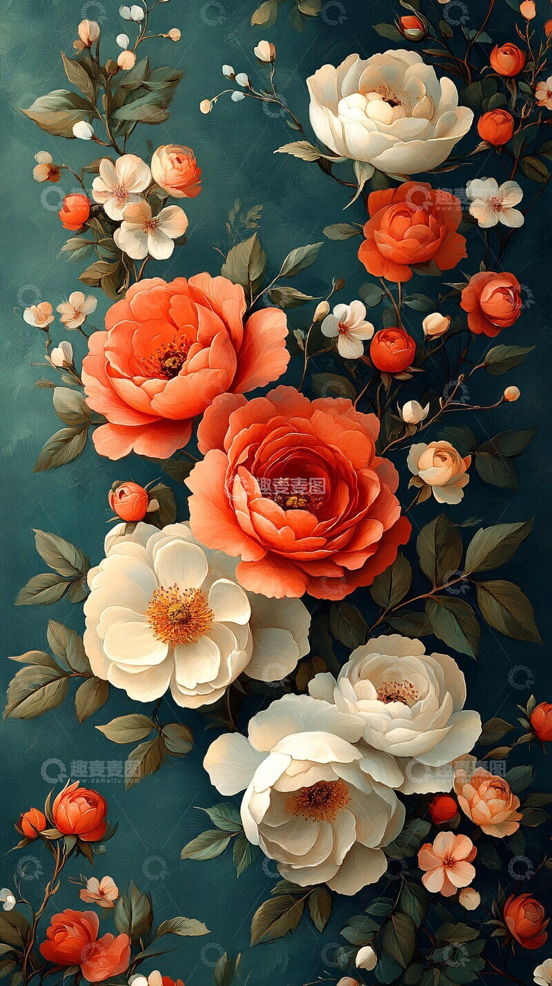 高清大图下载【趣麦麦图】玫瑰牡丹绿底花纹图2