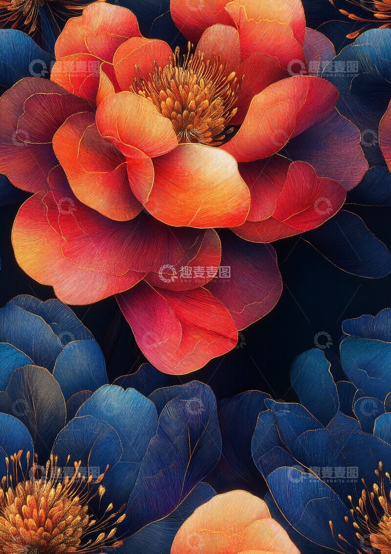 高清大图下载【趣麦麦图】牡丹花纹金线图案3