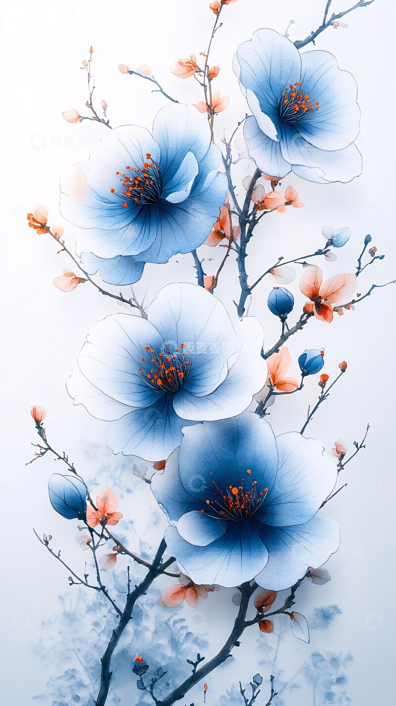 高清大图下载【趣麦麦图】蓝白花朵水彩壁纸