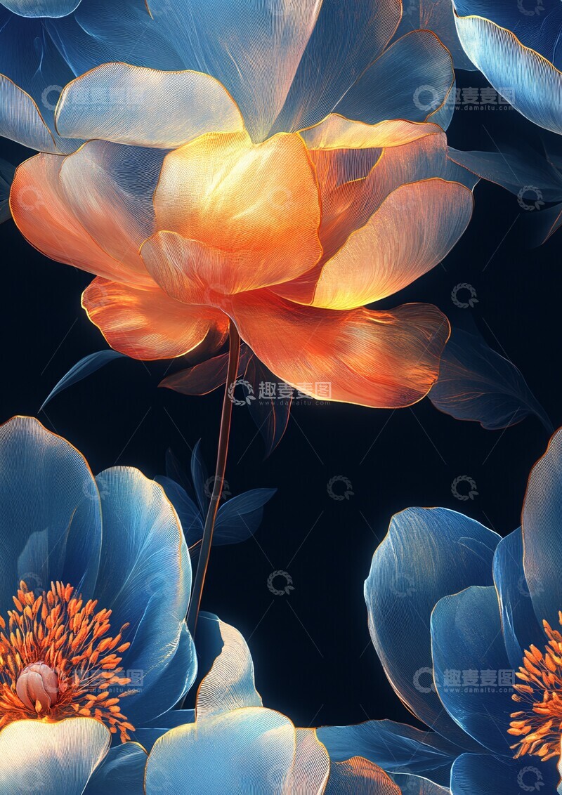 高清大图下载【趣麦麦图】牡丹花纹金线图案1