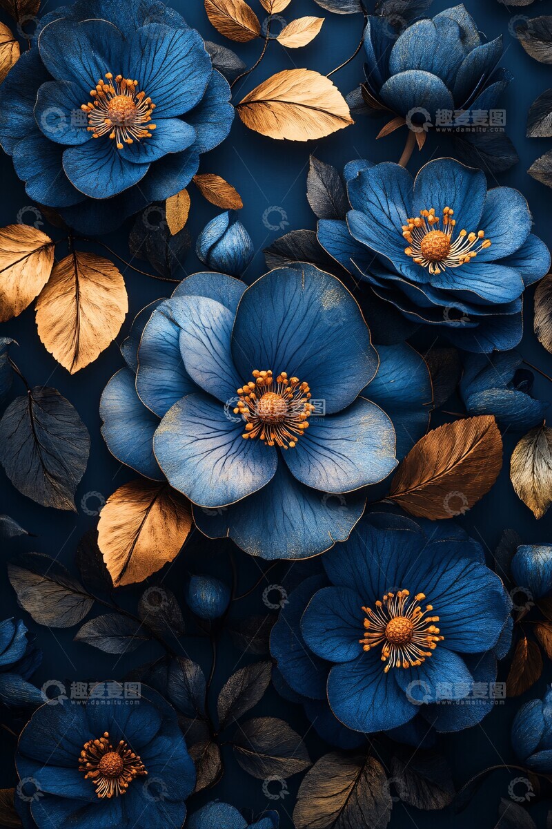 高清大图下载【趣麦麦图】蓝金花卉图案1