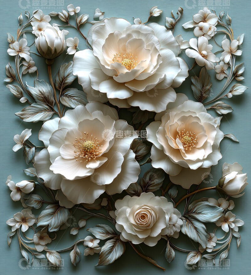 高清大图下载【趣麦麦图】银白花卉浮雕设计1
