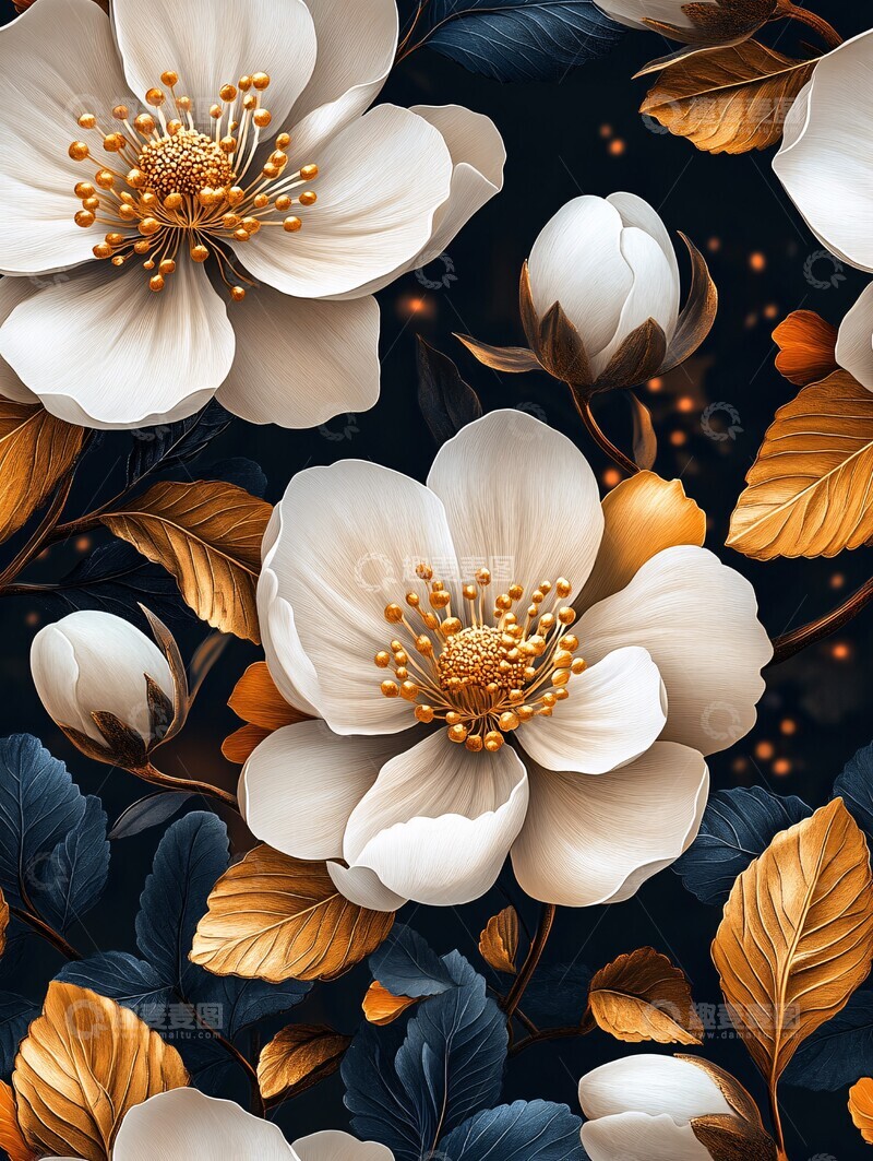 高清大图下载【趣麦麦图】黑白金花叶壁纸3