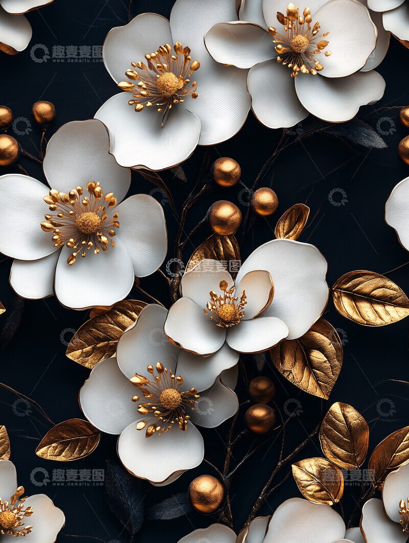 高清大图下载【趣麦麦图】黑白金花叶壁纸2