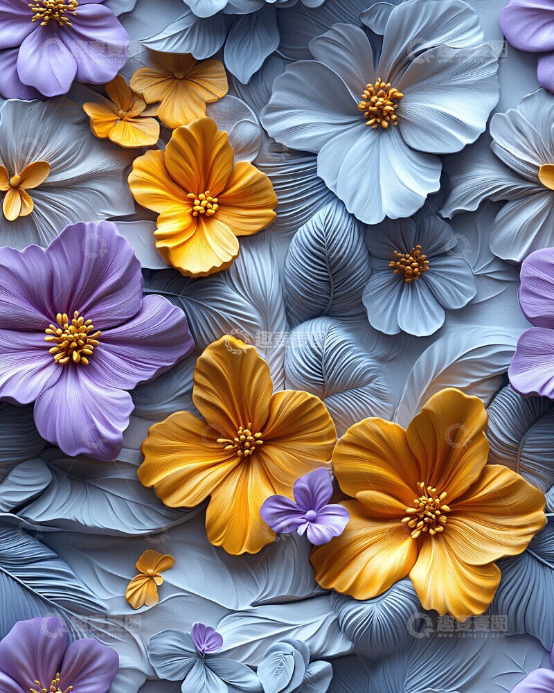 高清大图下载【趣麦麦图】黄色紫色花墙纸1