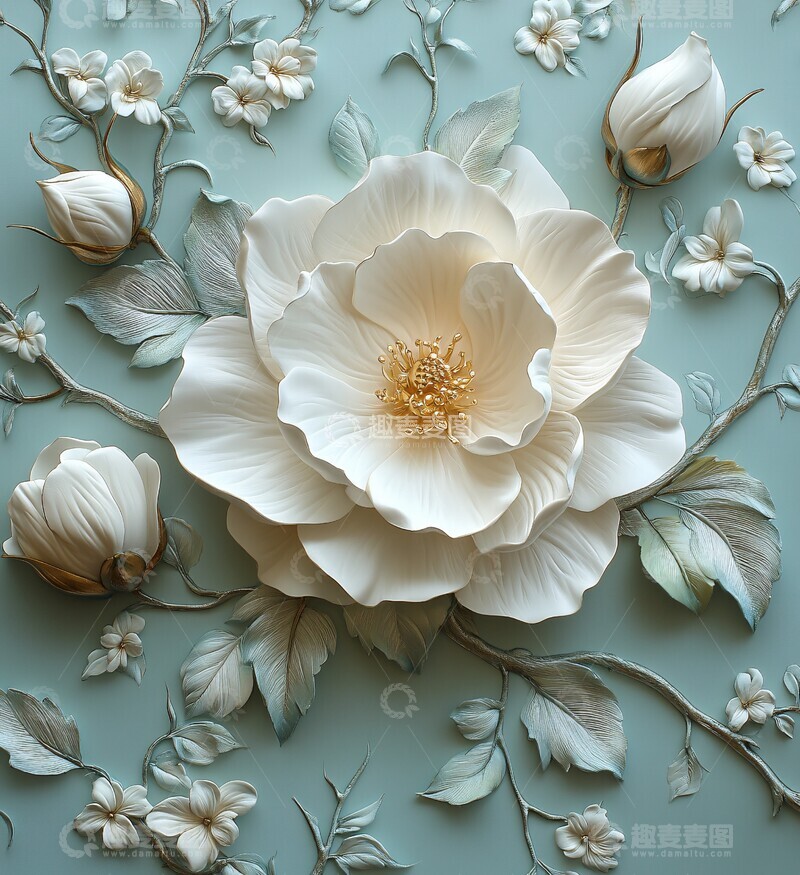 高清大图下载【趣麦麦图】银白花卉浮雕设计