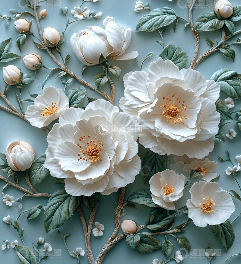 高清大图下载【趣麦麦图】银白花卉浮雕设计2