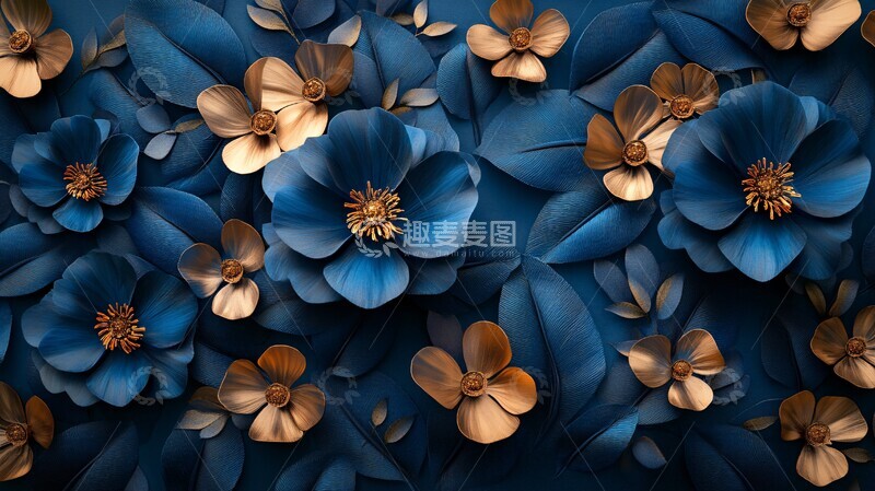 高清大图下载【趣麦麦图】蓝金花卉背景1