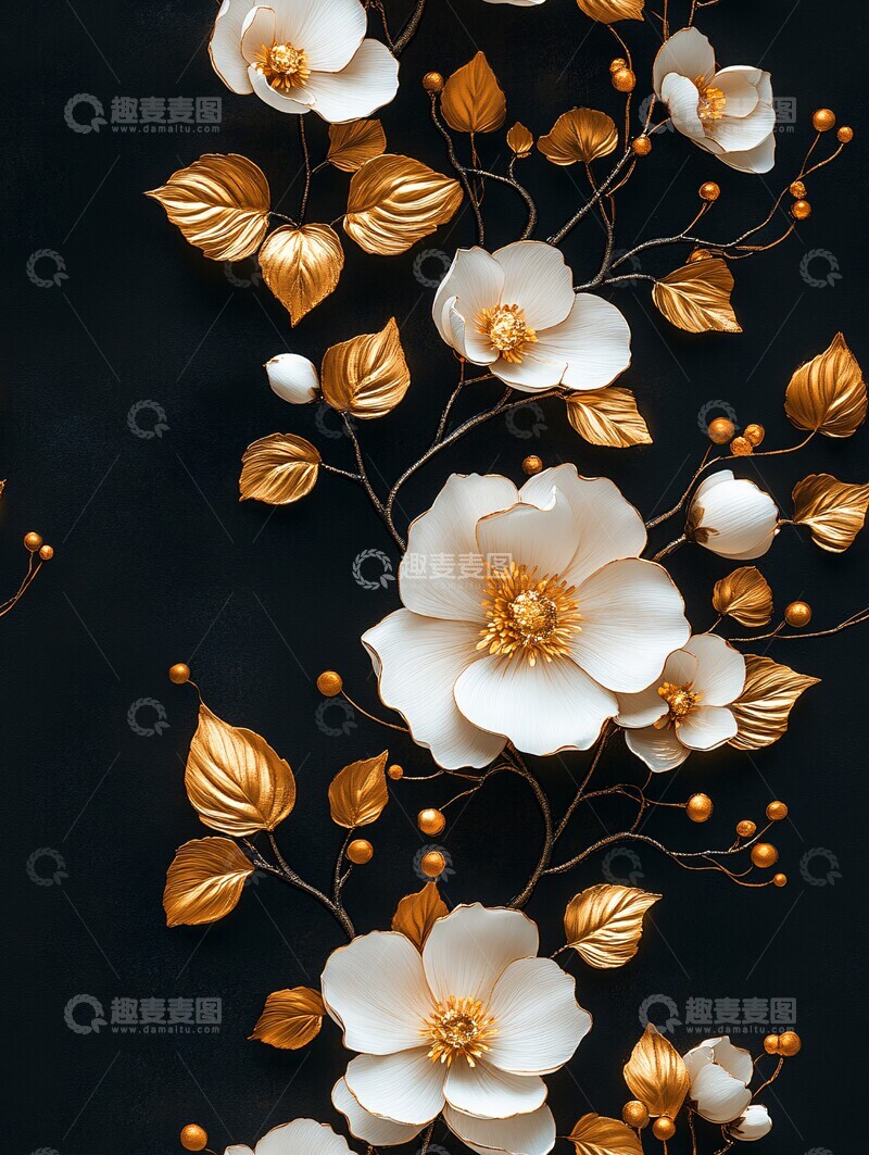 高清大图下载【趣麦麦图】黑白金花叶壁纸