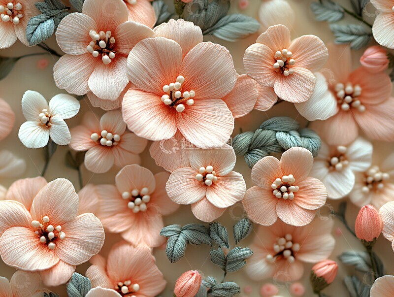 高清大图下载【趣麦麦图】浅粉春花刺绣图案