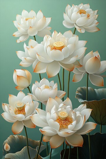 白莲金边绿底卷轴画1