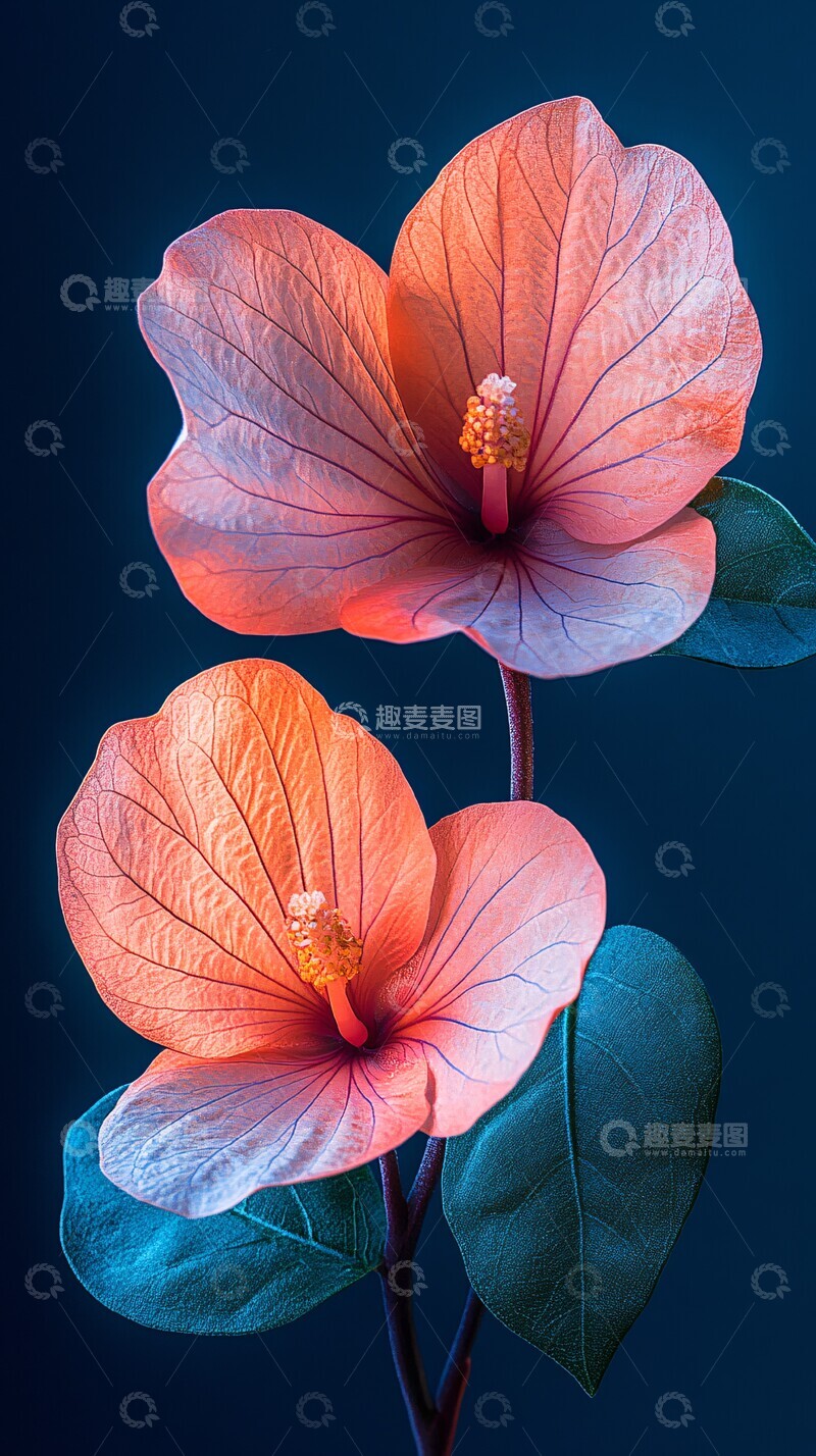高清大图下载【趣麦麦图】两朵花绿叶蓝背景2