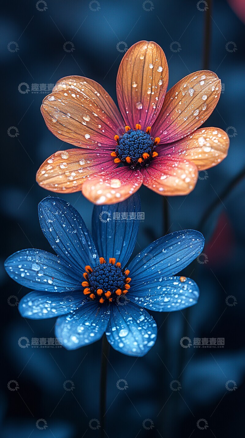 高清大图下载【趣麦麦图】两朵花绿叶蓝背景