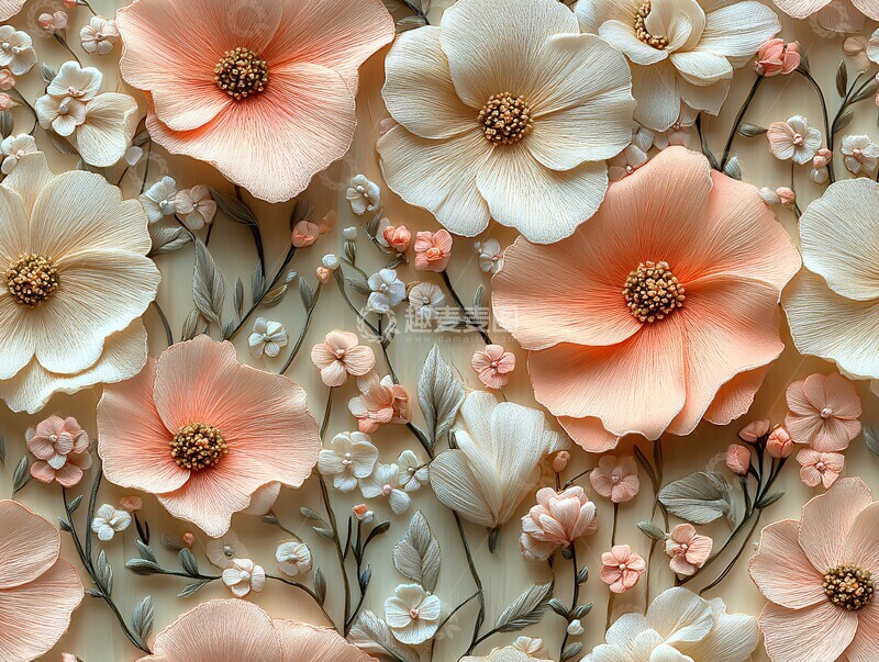 高清大图下载【趣麦麦图】浅粉春花刺绣图案1