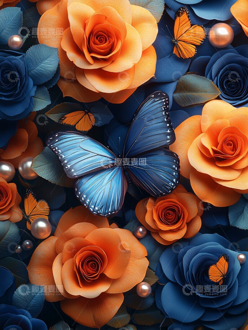 高清大图下载【趣麦麦图】玫瑰蝴蝶珍珠壁纸3