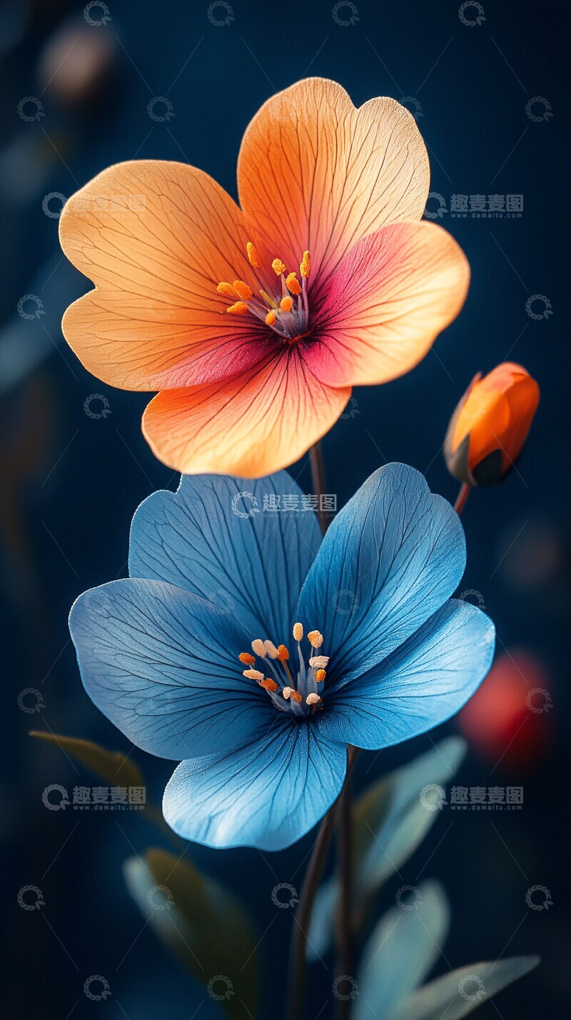 高清大图下载【趣麦麦图】两朵花绿叶蓝背景1