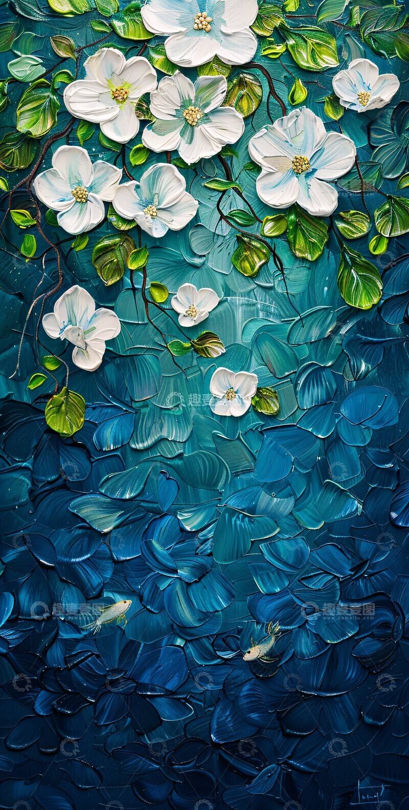 高清大图下载【趣麦麦图】白花绿叶鱼影图1