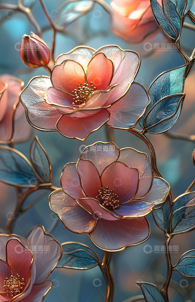 高清大图下载【趣麦麦图】粉色玫瑰玻璃花窗3