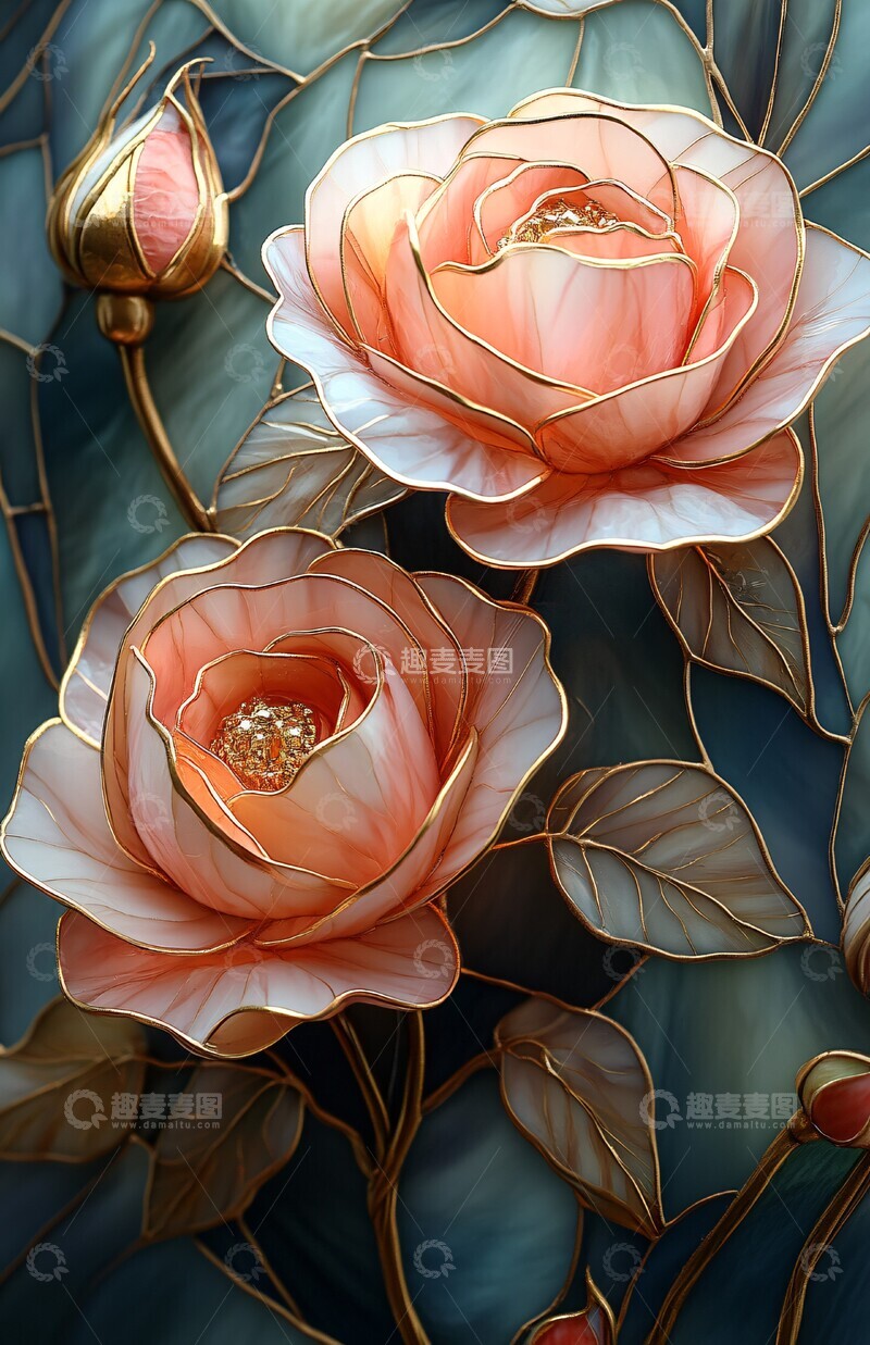 高清大图下载【趣麦麦图】粉色玫瑰玻璃花窗1