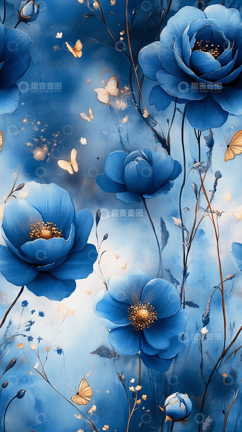 高清大图下载【趣麦麦图】蓝玫瑰与黄蝶绣品1