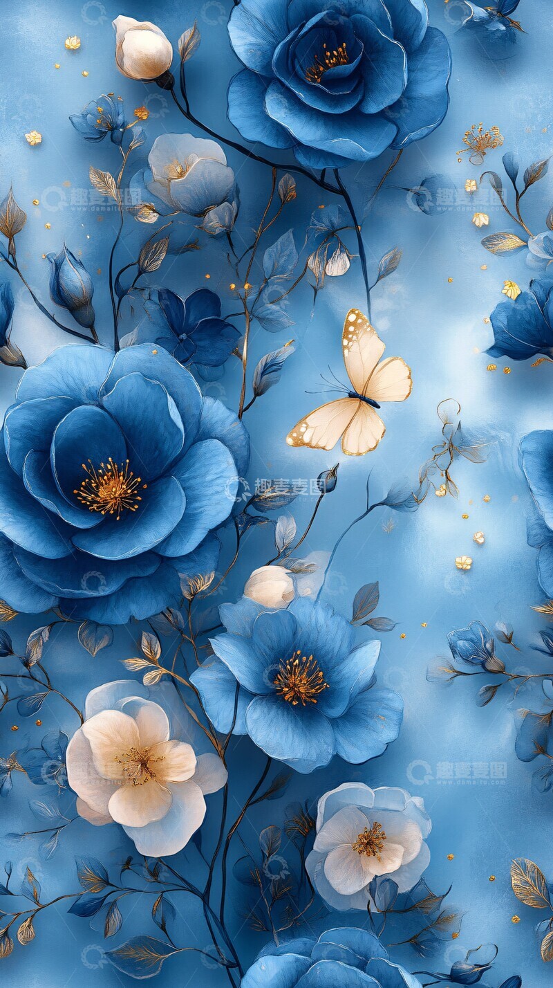 高清大图下载【趣麦麦图】蓝玫瑰与黄蝶绣品2