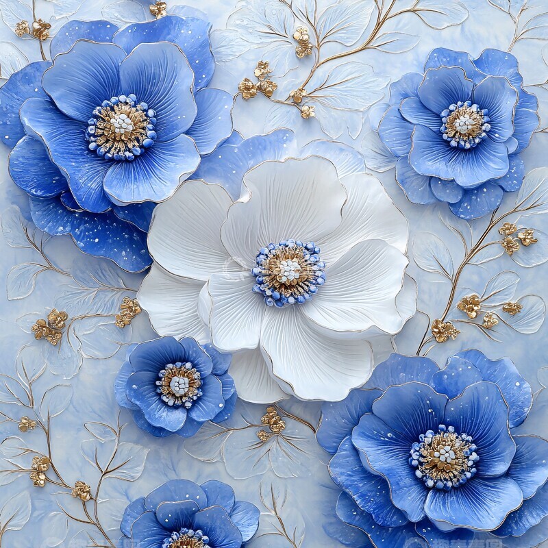 高清大图下载【趣麦麦图】蓝色花卉金饰画2