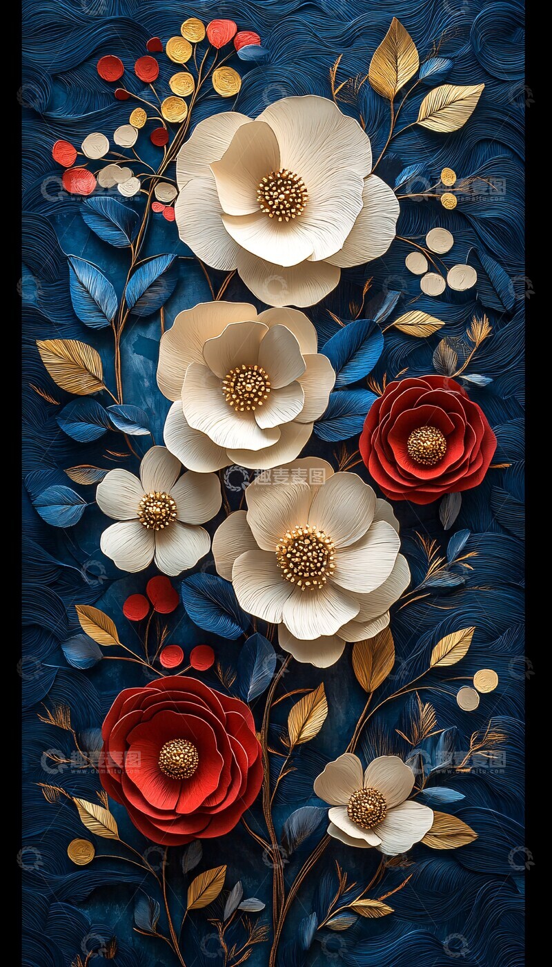 高清大图下载【趣麦麦图】-白花蓝叶剪纸艺术2