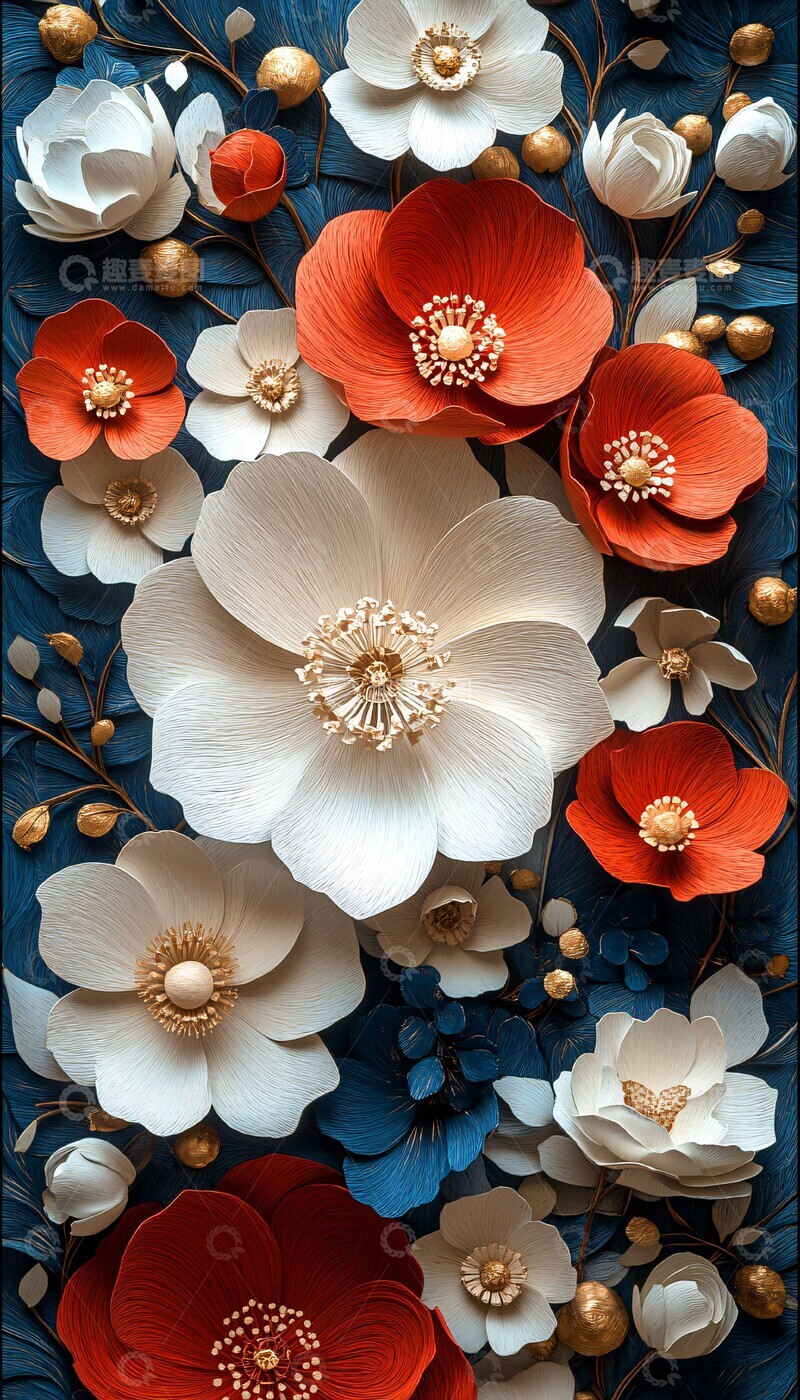 高清大图下载【趣麦麦图】-白花蓝叶剪纸艺术1