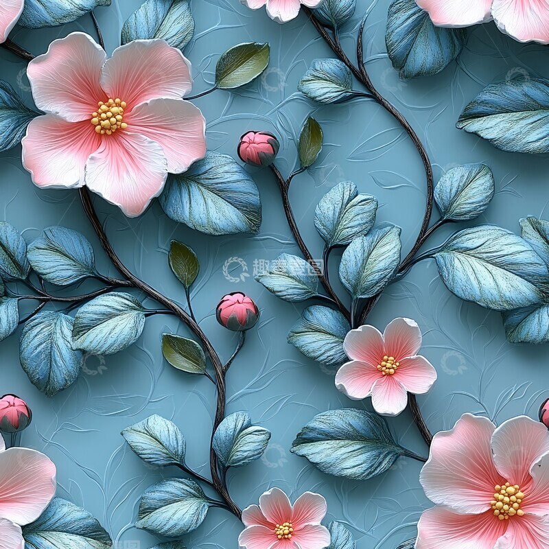 高清大图下载【趣麦麦图】蓝底粉色花叶墙纸1