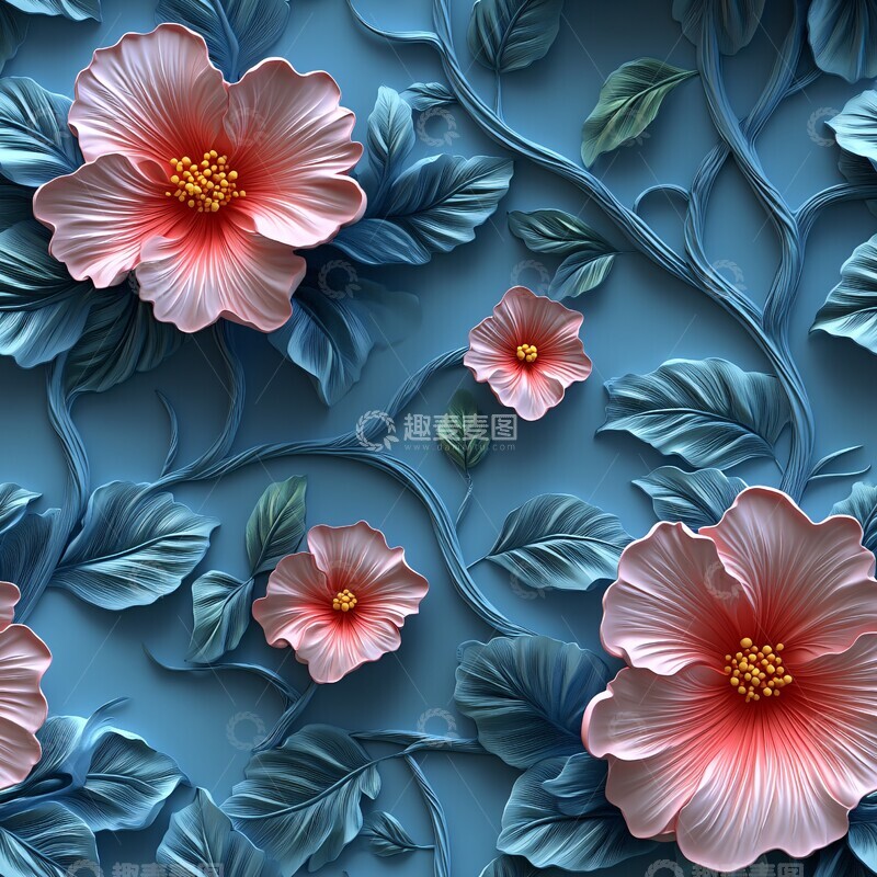 高清大图下载【趣麦麦图】蓝底粉色花叶墙纸2