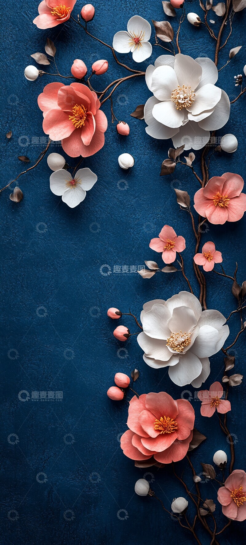 高清大图下载【趣麦麦图】白牡丹粉樱蓝底图2