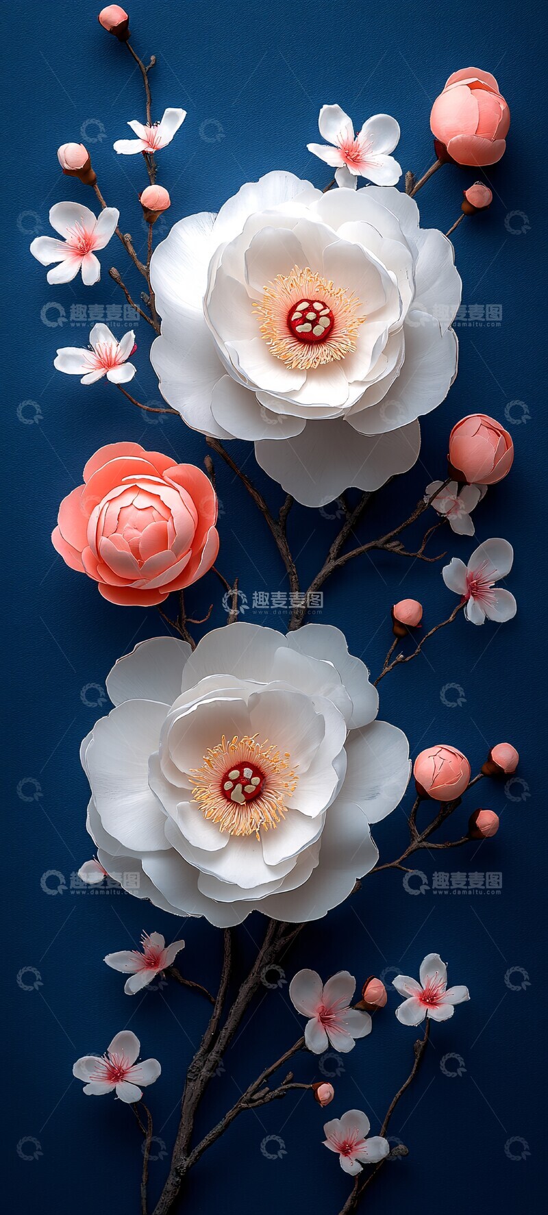高清大图下载【趣麦麦图】白牡丹粉樱蓝底图1