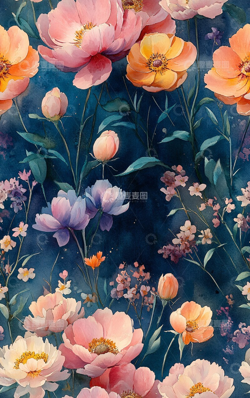 高清大图下载【趣麦麦图】粉紫黄花浮水彩画3