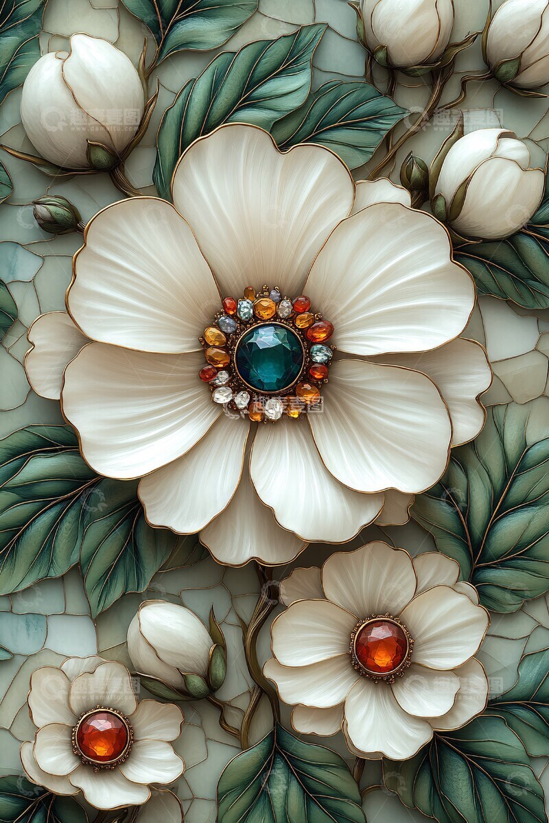 高清大图下载【趣麦麦图】白花绿叶彩宝墙纸2