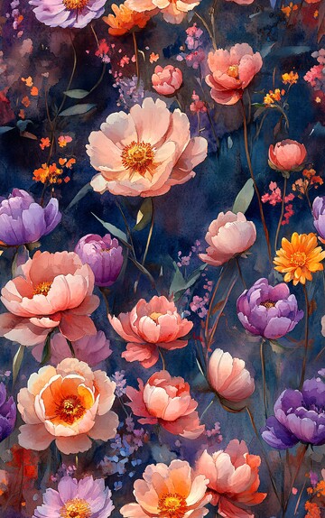 粉紫黄花浮水彩画1